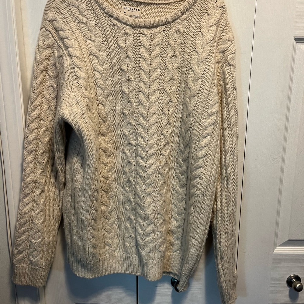 Selected Homme size XXL Cream Cable Knit Sweater wool blend